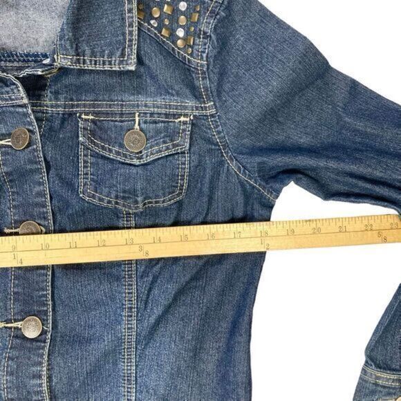 Baccini Denim Jacket Womens Size Medium Blue Dark Washed Embellished Button Up - Picture 13 of 16